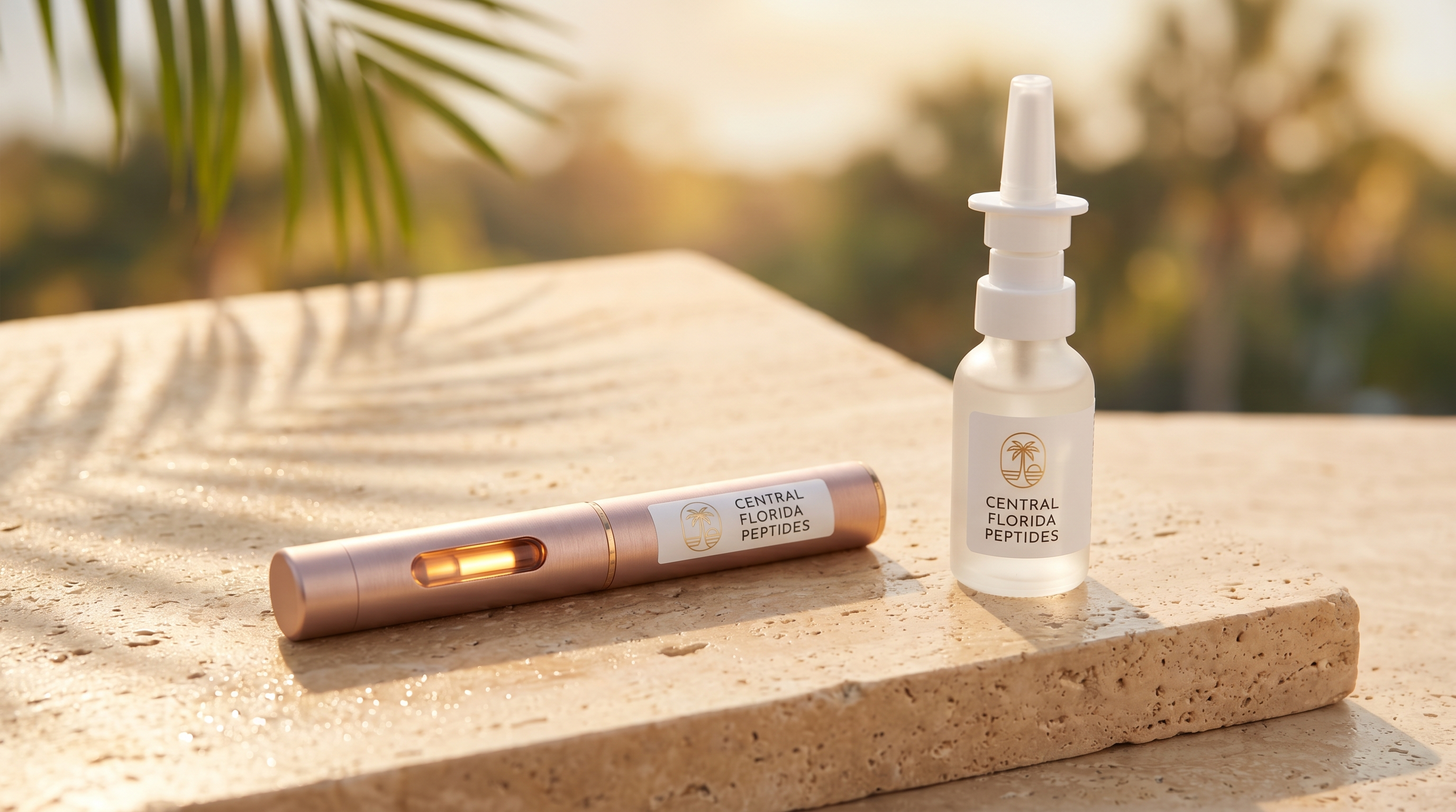 Central Florida Peptides managed pen and intranasal sprayer in golden light