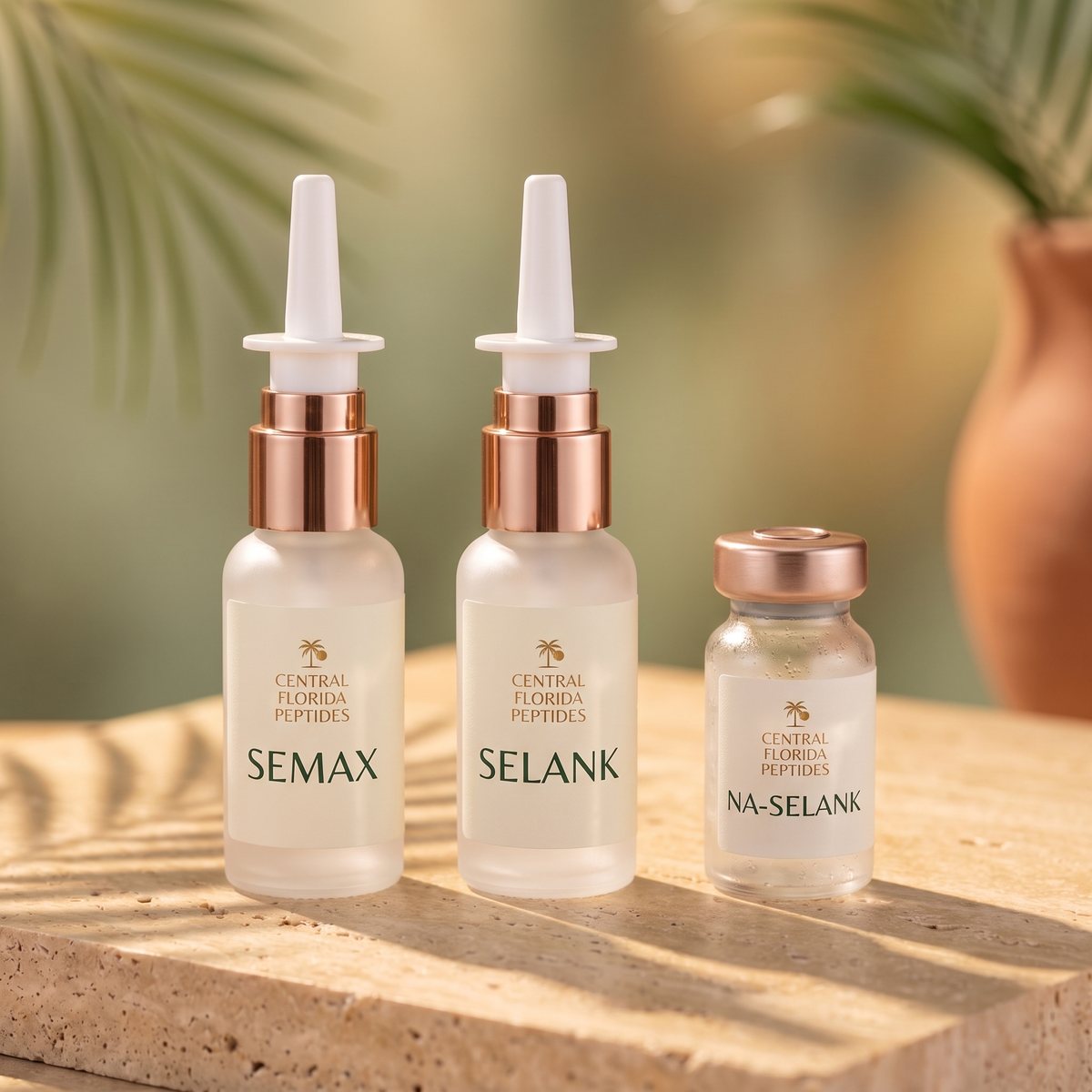Central Florida Peptides Semax and Selank nasal sprays beside an NA-Selank vial