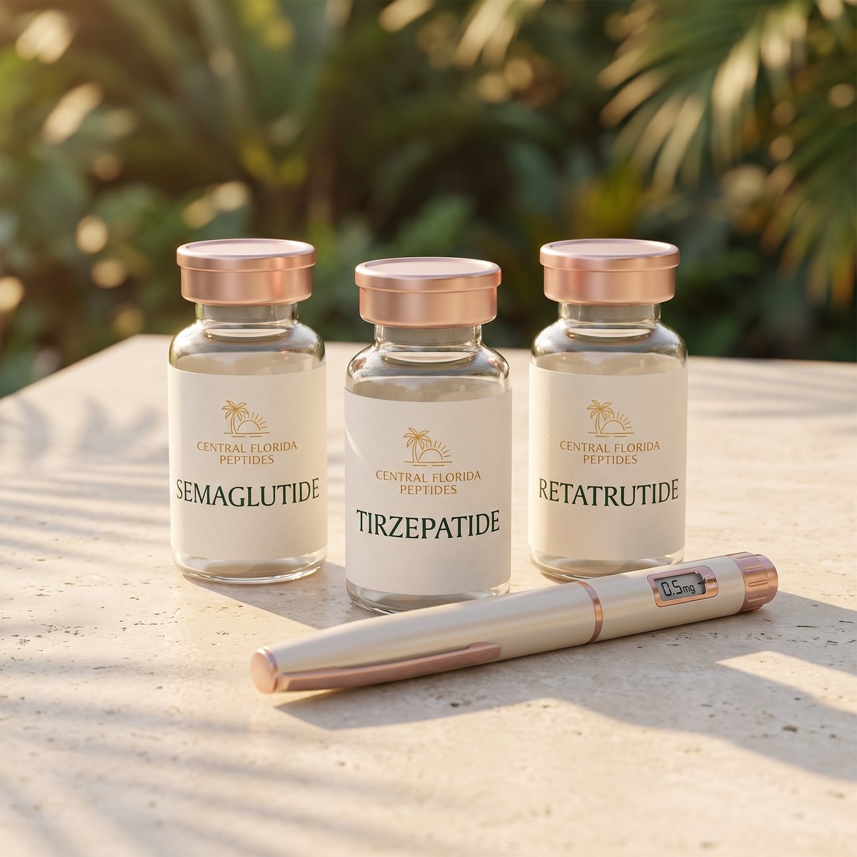 Central Florida Peptides semaglutide, tirzepatide and retatrutide vials with a dosing pen