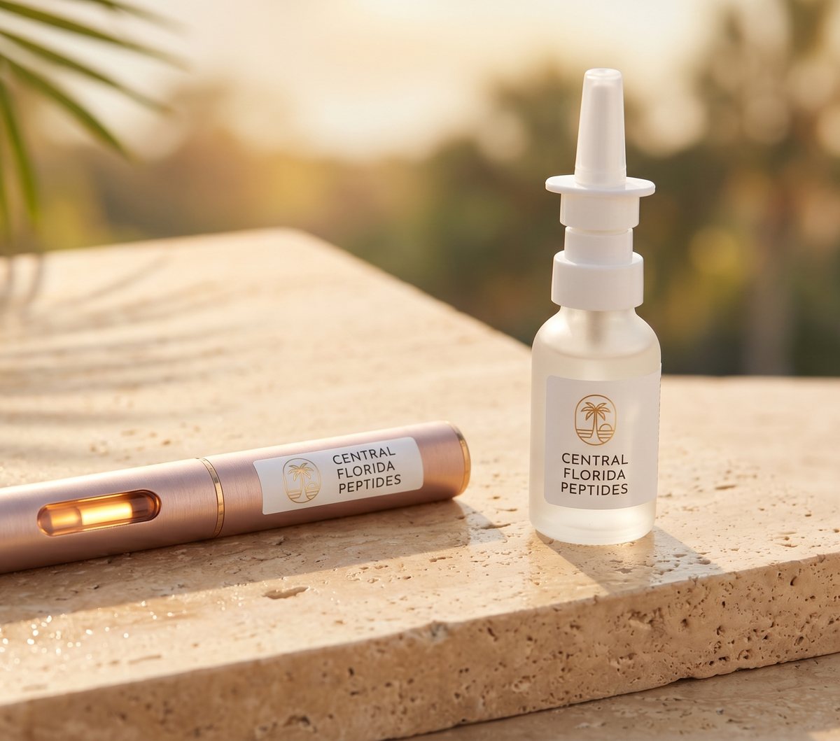 A Central Florida Peptides pen and nasal spray on travertine stone