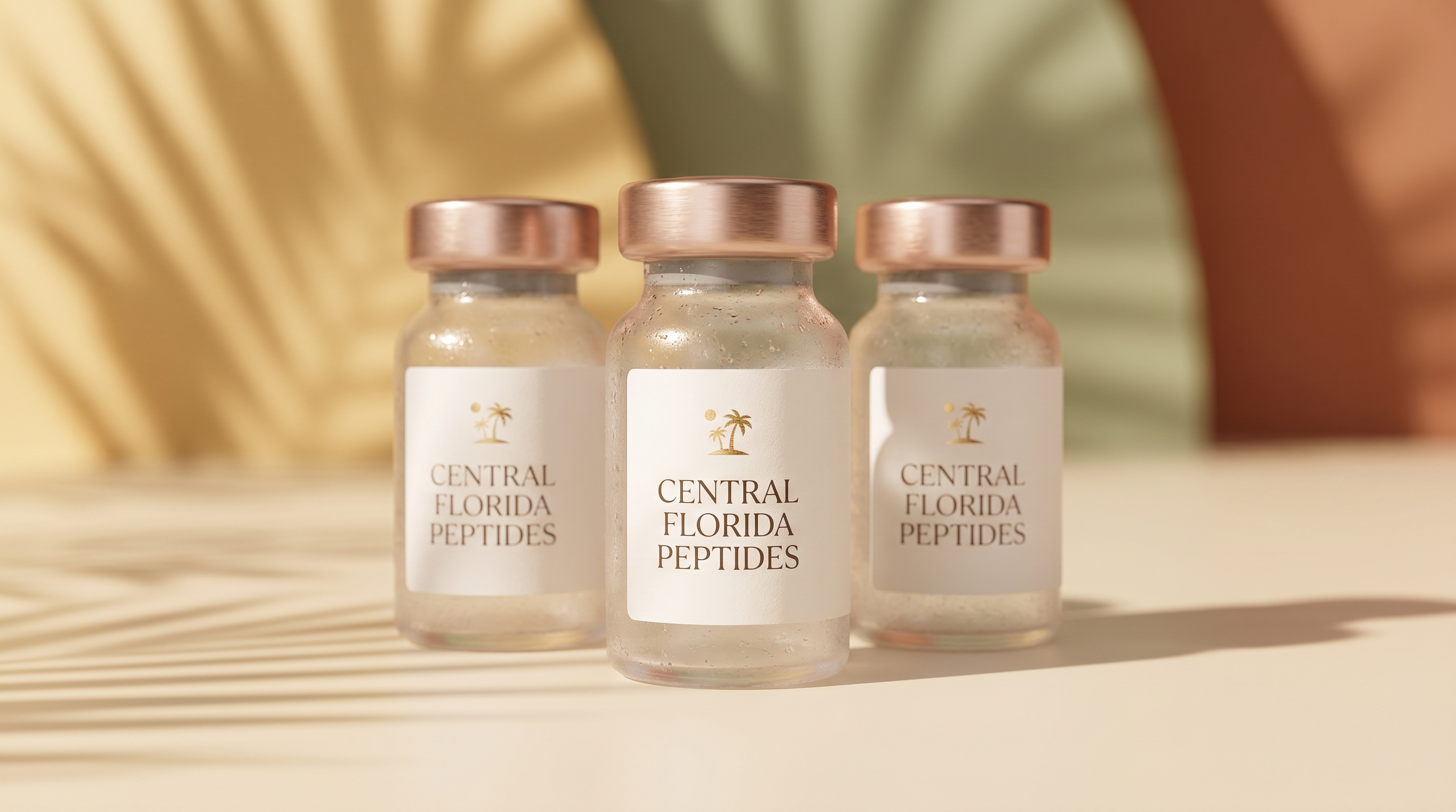 Three Central Florida Peptides vials in golden light